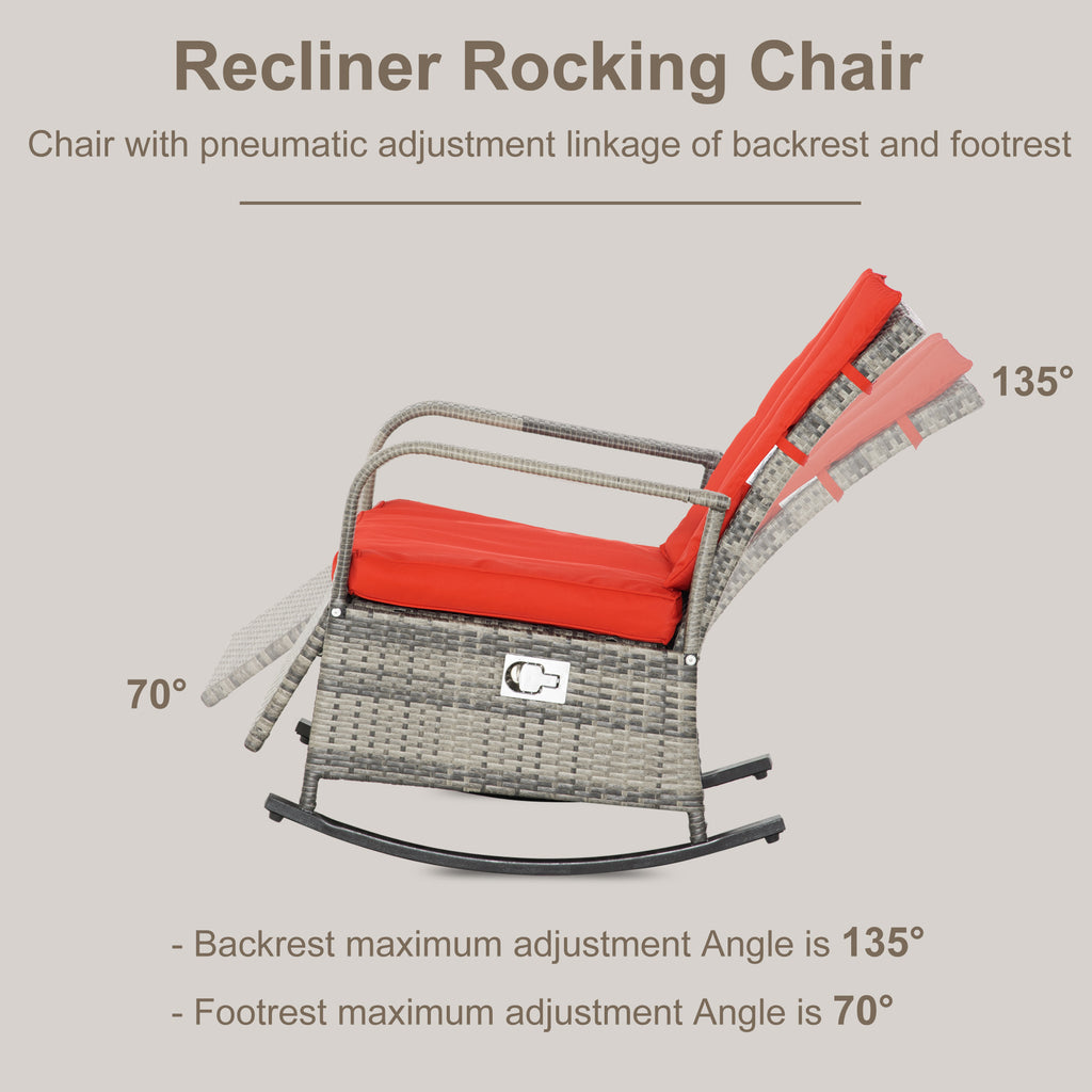 Outdoor Wicker Rocking Chair with Cushion, Patio PE Rattan Recliner Chair with Adjustable Footrest, Armrests, Red