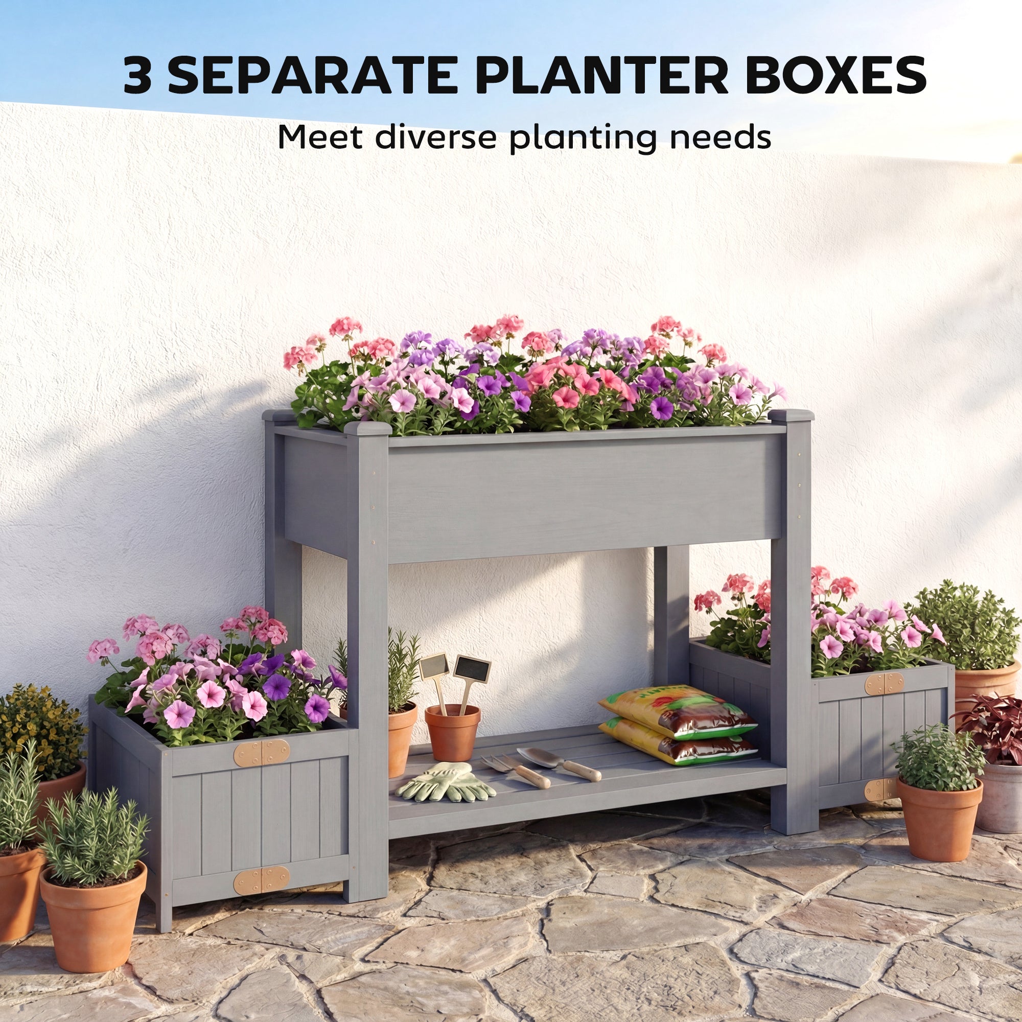 Wooden Raised Garden Bed with 2 Foldable Side Pots, Raised Planter with Storage Shelf and Drainage Holes