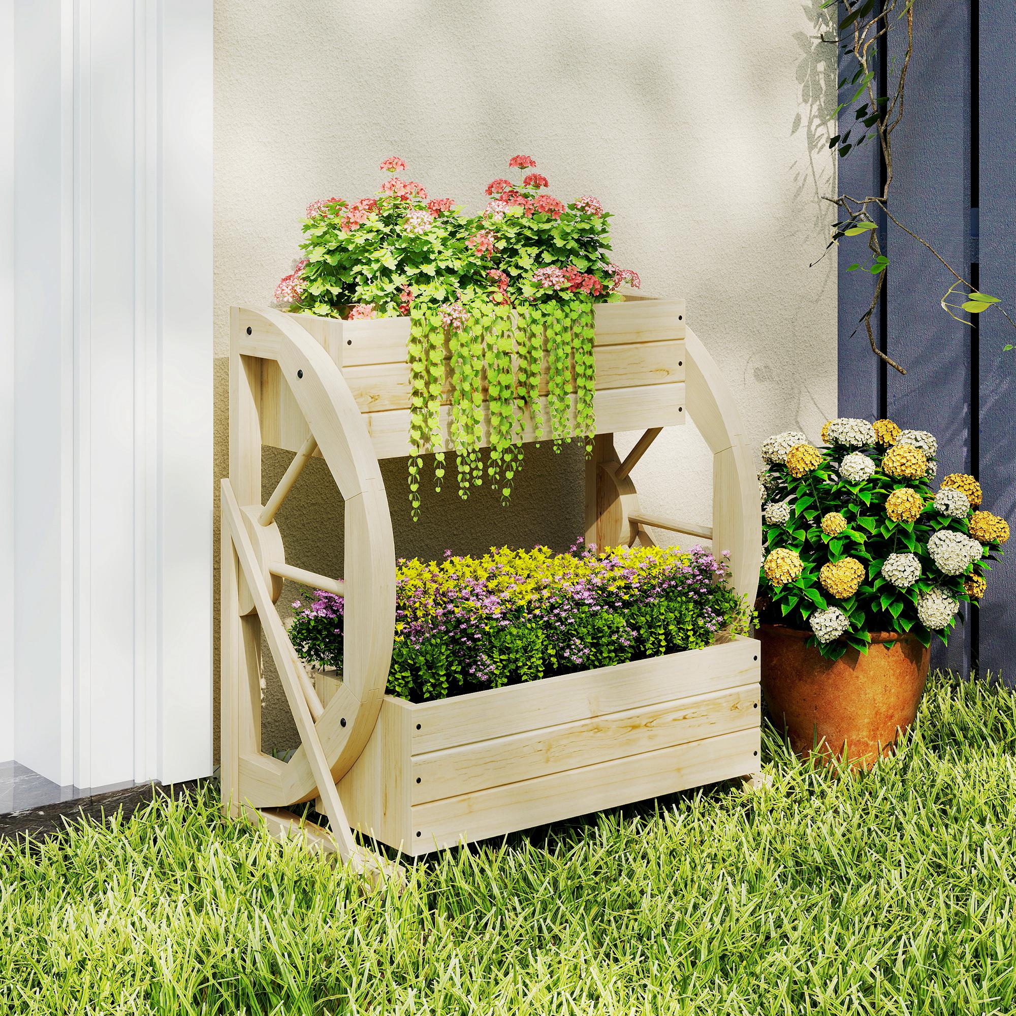 Wooden Wagon Planter Box, 2-Tier Raised Garden Bed, for Vegetables Flowers Herbs, Natural