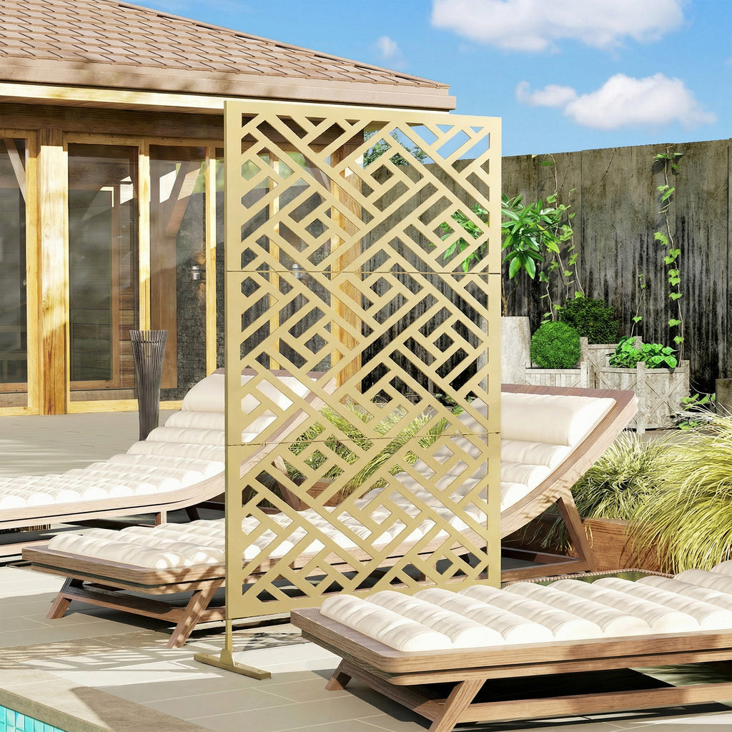 Metal Outdoor Privacy Screen, Freestanding Outdoor Divider with Stand, 79" x 47", Gold
