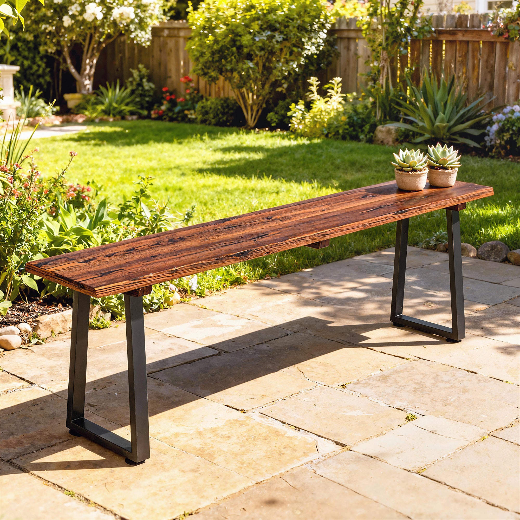Wood Outdoor Bench for 2 People, 59" Backless Patio Garden Bench with Trapezoidal Steel Legs