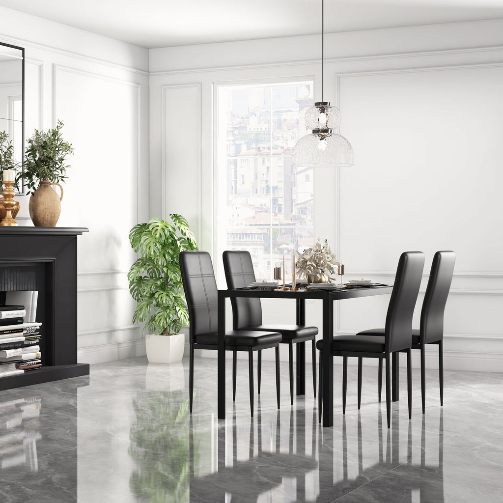 5-Piece Rectangular Glass Kitchen Table and Chairs with Metal Frame and Faux Leather Upholstery for Dining Room, Black
