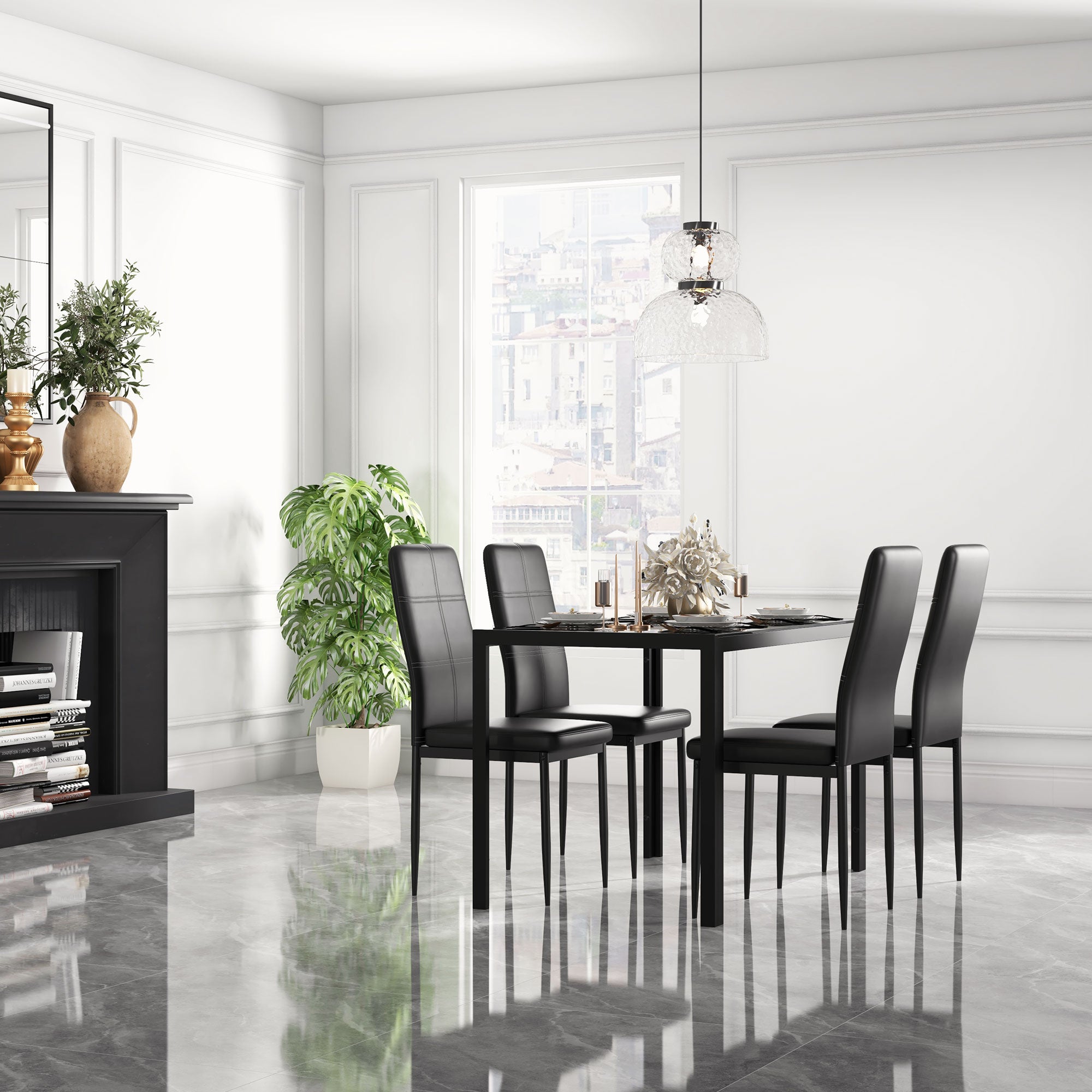 5-Piece Rectangular Glass Kitchen Table and Chairs with Metal Frame and Faux Leather Upholstery for Dining Room, Black