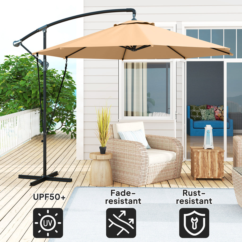9.5' Cantilever Umbrella with Wind Protection Strap and Cover, Hanging Umbrella with Crank and Cross Base, Khaki