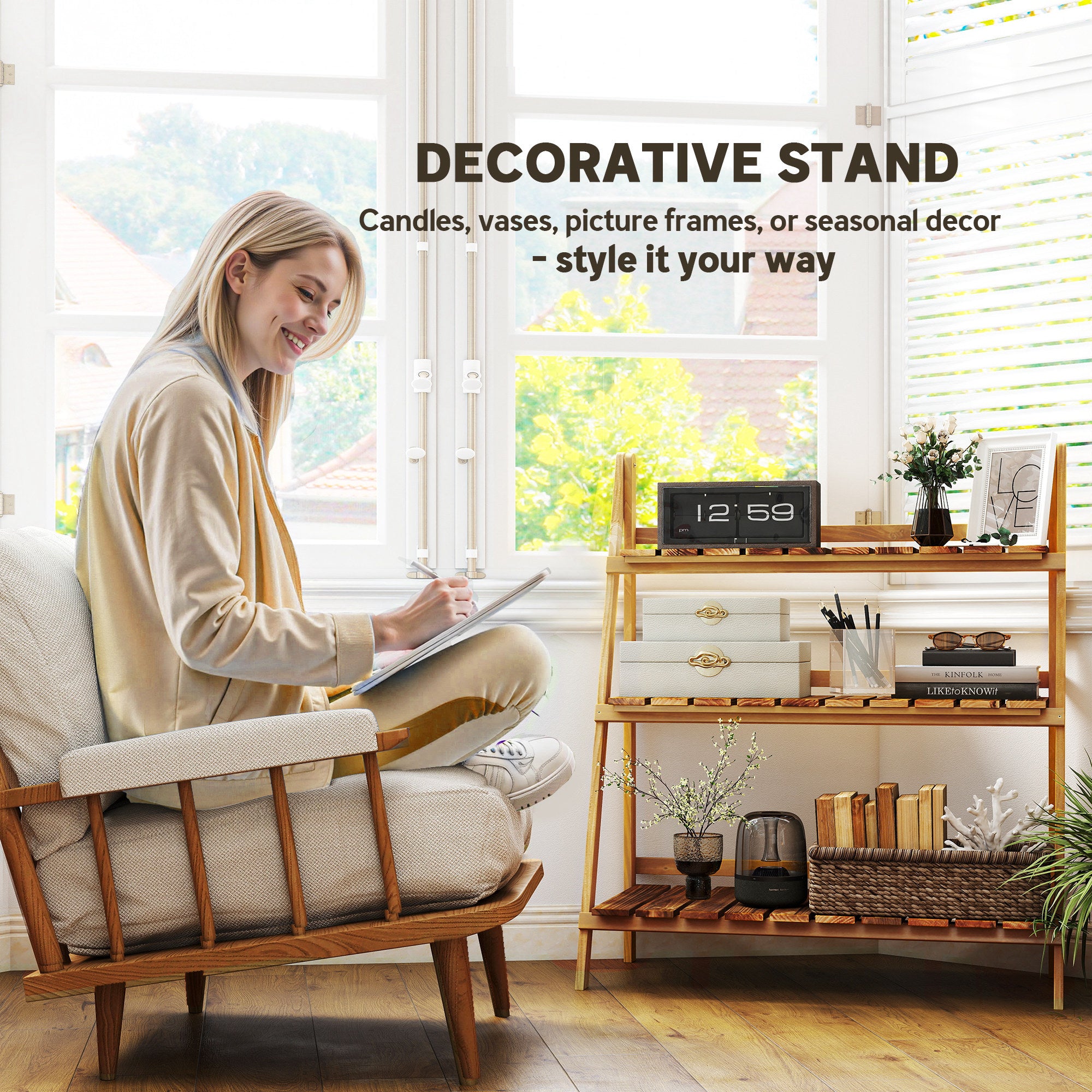 Outdoor Plant Stand, Foldable 3-Tier Wooden Plant Shelf