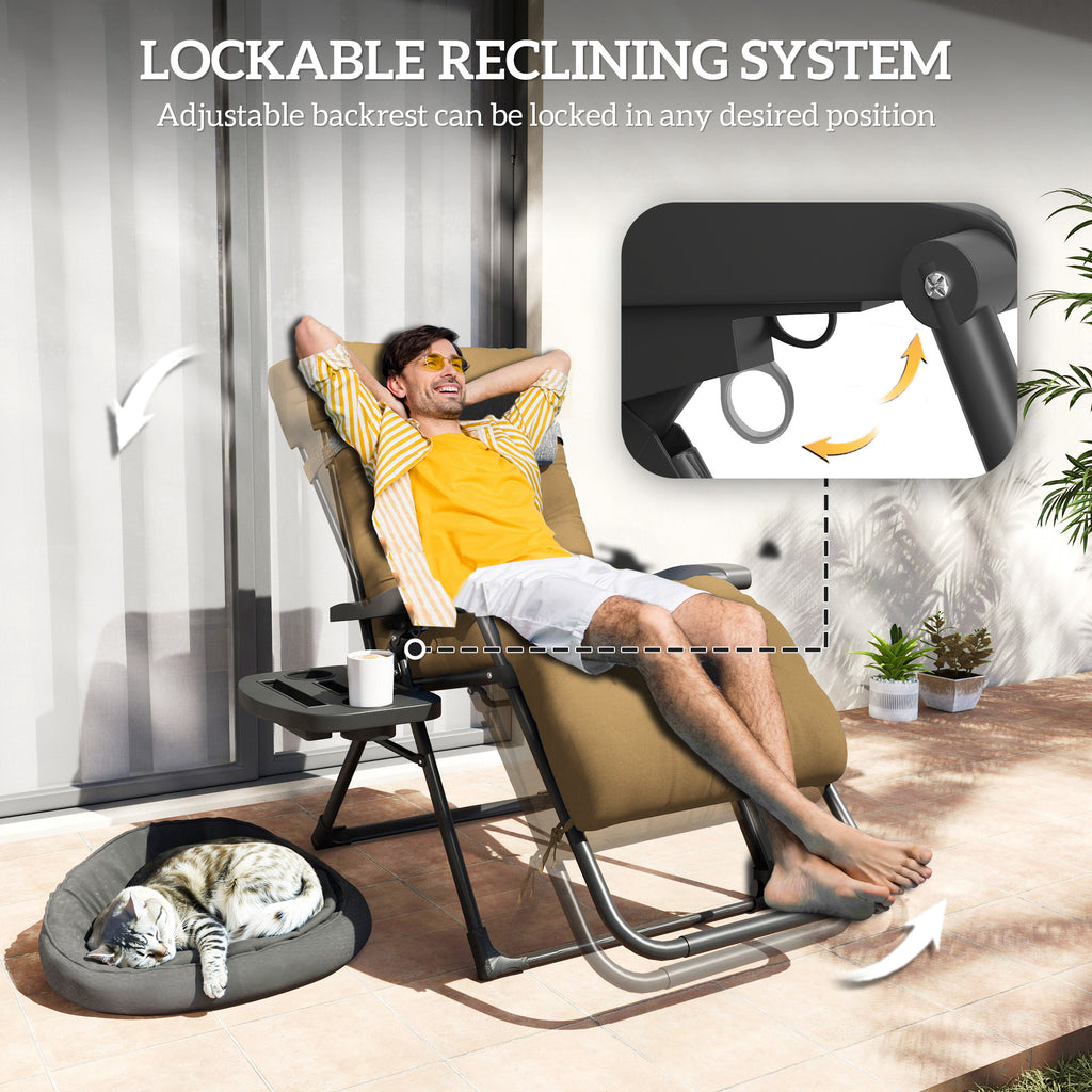 Padded Folding Recliner Chair, Patio Lounger with Cupholder, Adjustable Backrest, Removable Cushion, Light Khaki