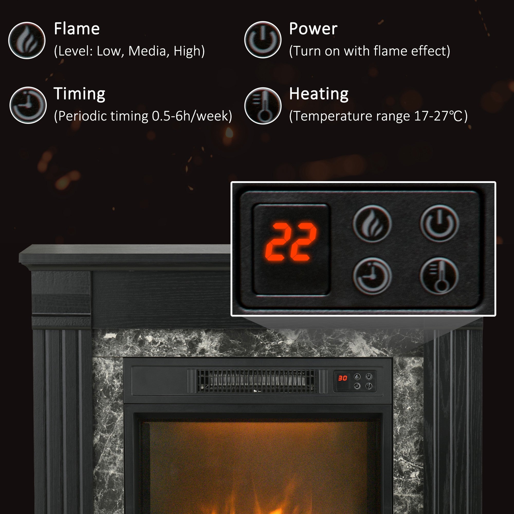 Electric Fireplace Mantel Wood Surround, Freestanding Fireplace Heater with Realistic Flame, Adjustable Temperature, Timer, Overheating Protection, and Remote Control, Black