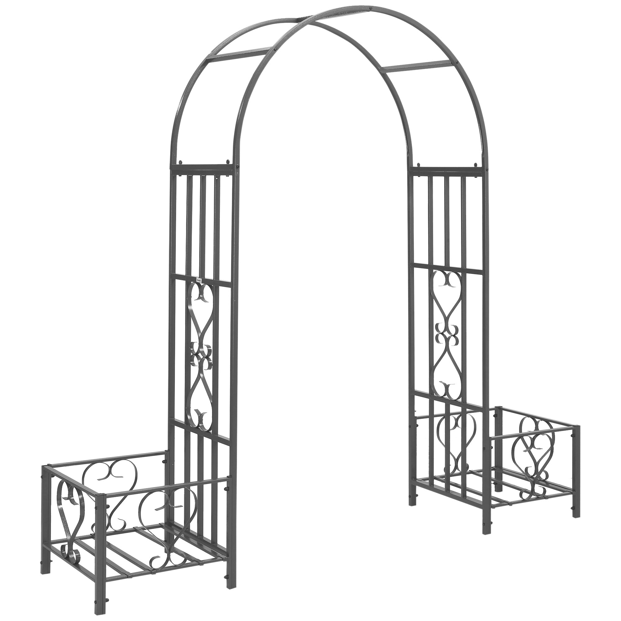 7FT Metal Garden Arch with 2 Planter Boxes, Decorative Outdoor Walkway Arbor for Climbing Vine Plants for Patio Backyard Lawn Party Ceremony, Dark Grey