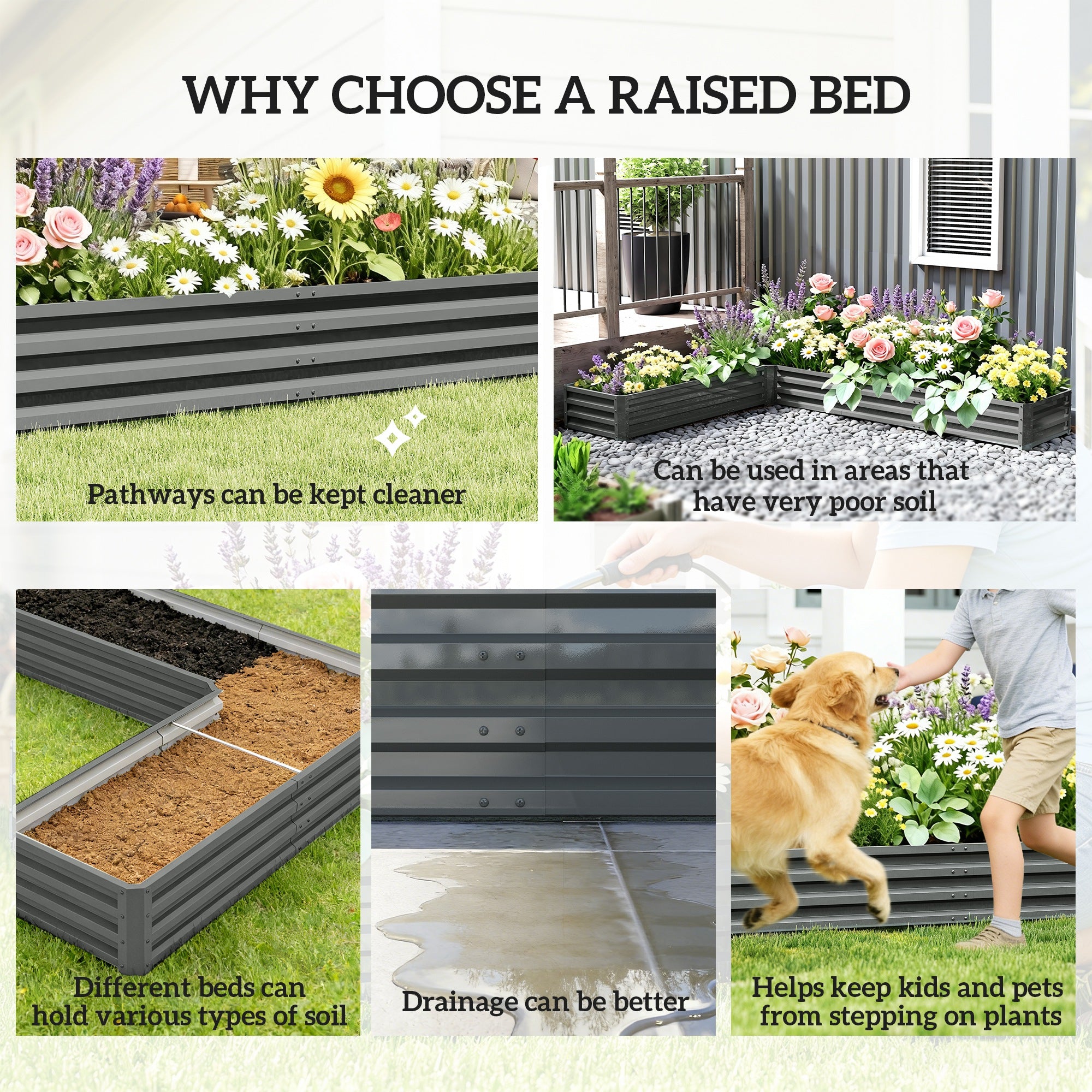 L-Shaped Raised Garden Bed, 82" x 109" x 12" Galvanized Steel Planter Box with Multi-reinforced Rods for Vegetables, Flowers and Herbs, Light Grey