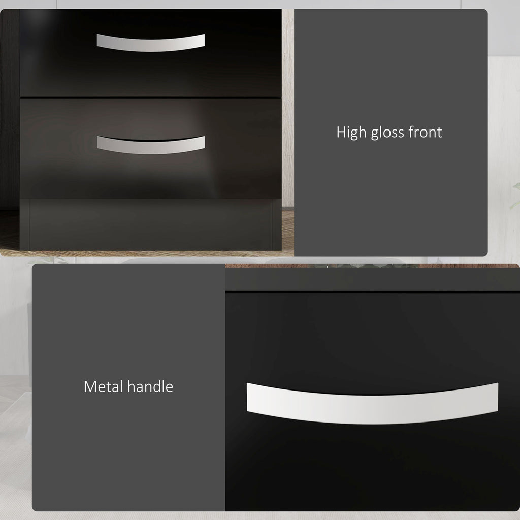 Bedside Table Set of 2, Modern Nightstand with Drawers and High Gloss Fronts, Night Table for Bedroom, Black