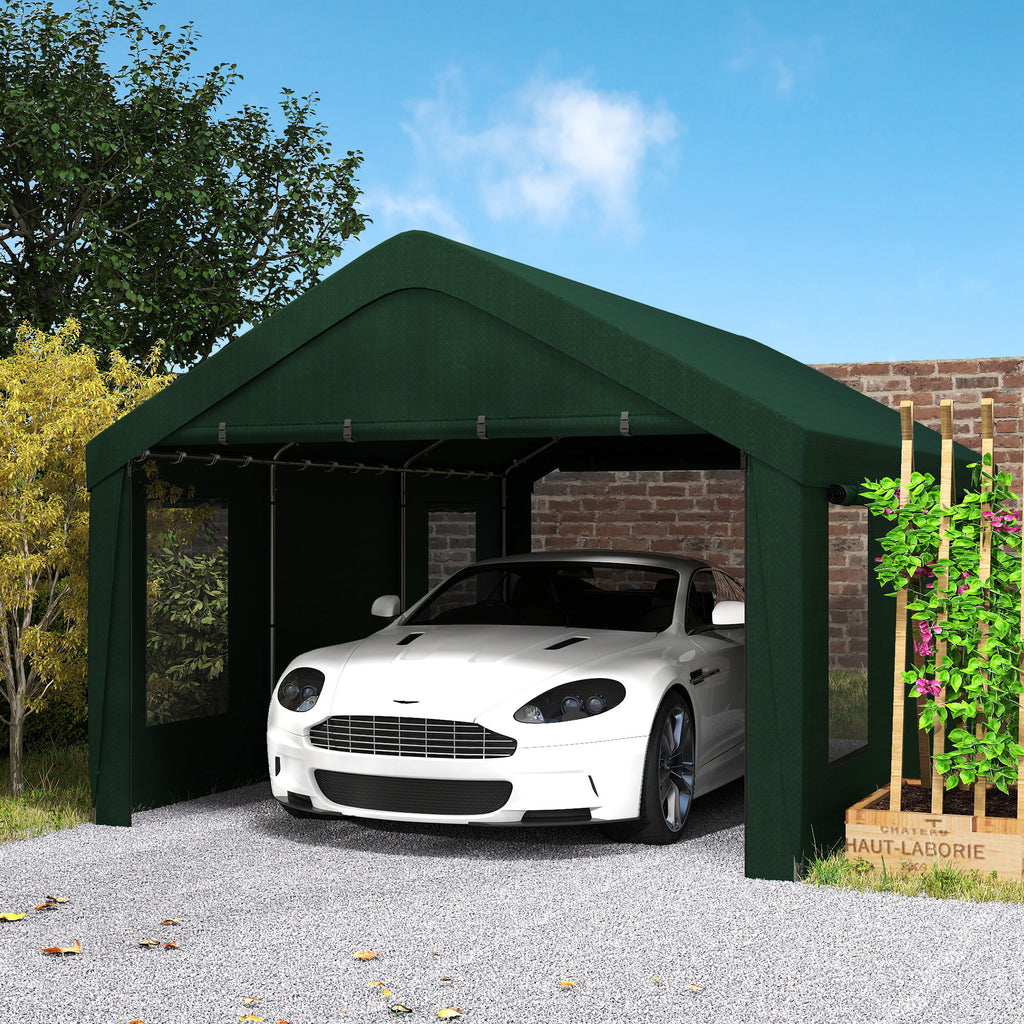 12 x 20ft Carport with 2 Roll-Up Doors, 4 Windows, Portable Garage with Removable Sidewalls for Car, Truck, Dark Green