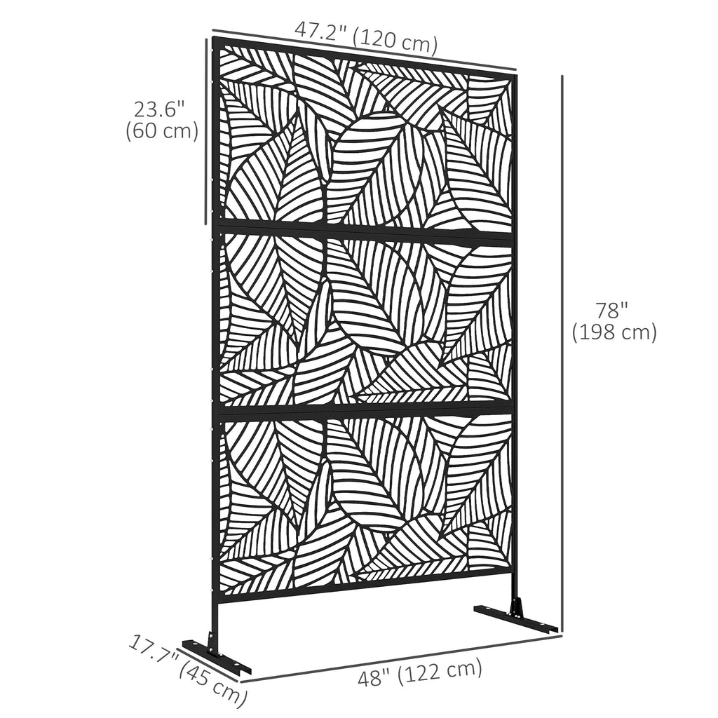 6.5FT Decorative Outdoor Divider, Metal Privacy Screen with Stand, Large Leaf Style, Black