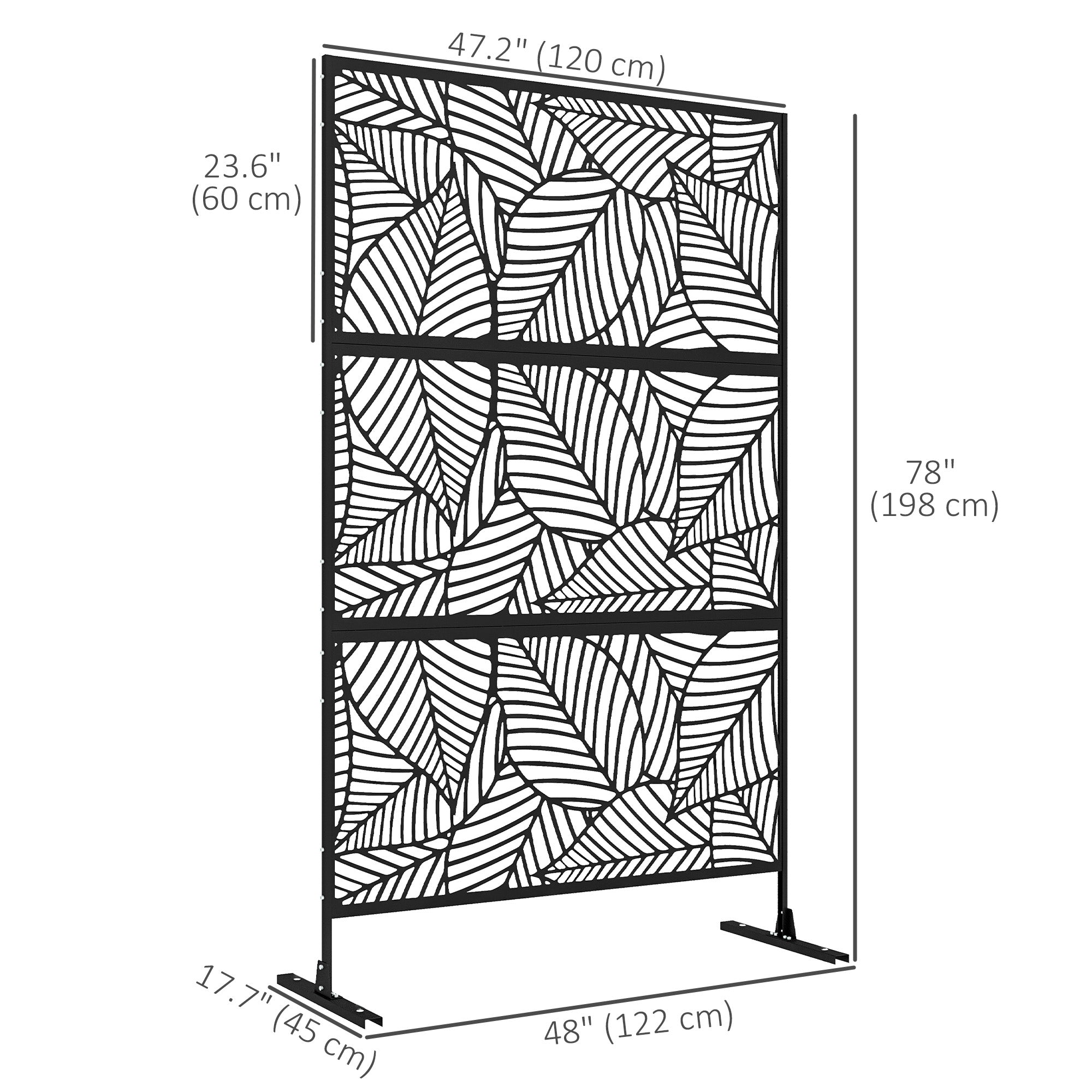 6.5FT Decorative Outdoor Divider, Metal Privacy Screen with Stand, Large Leaf Style, Black