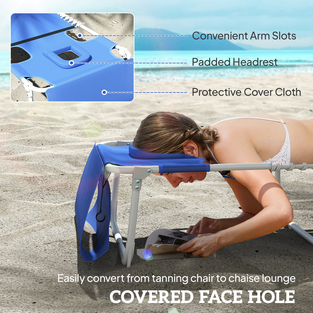 Tanning Chair with Face Hole and Side Table, Folding Outdoor Lounge Chair with Carry Straps, Side Pocket, Navy Blue