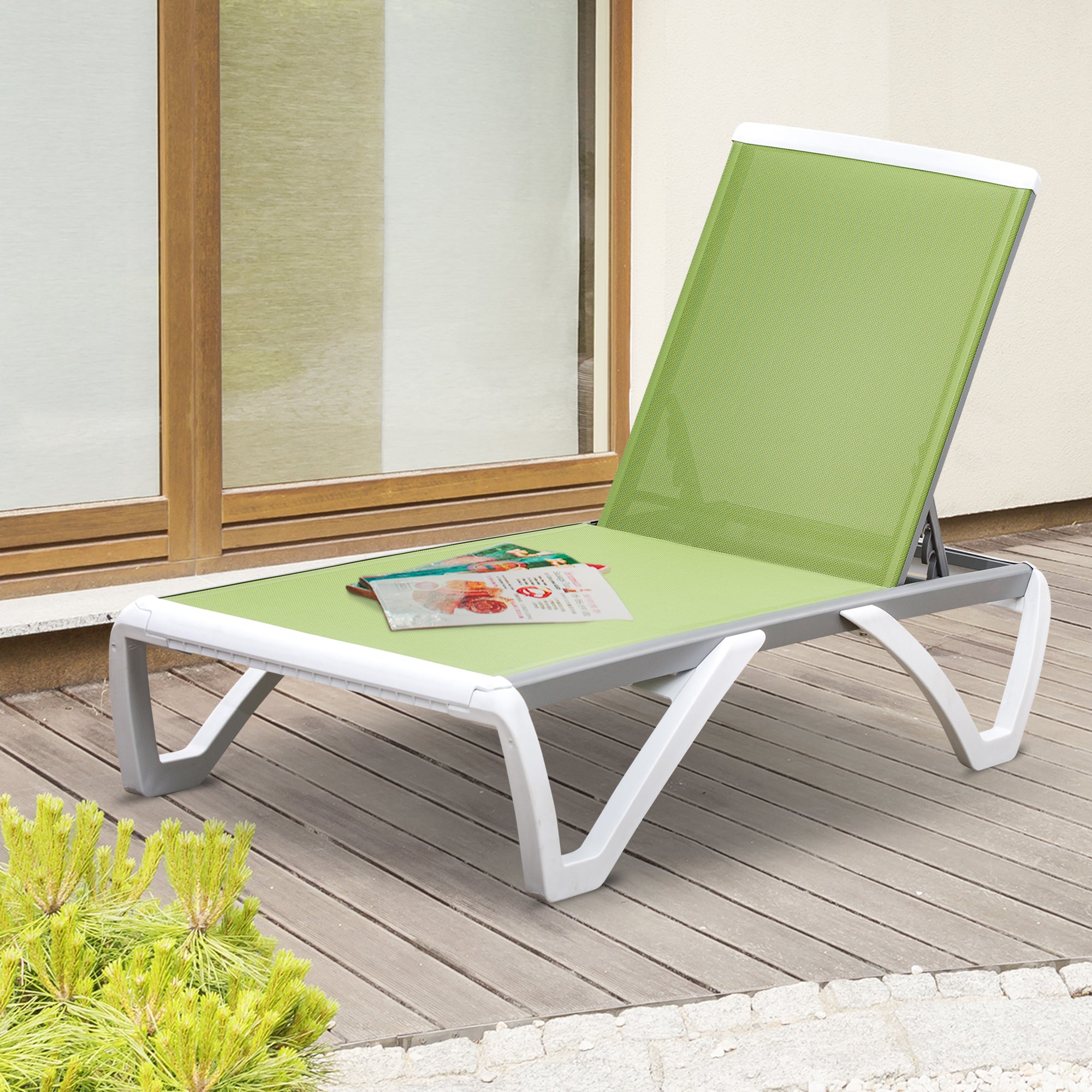 Outdoor Chaise Lounge Chair, Patio Aluminum Tanning Chair with 5-Level Adjustable Back, Portable Wheels, Breathable Mesh Fabric, for Pool, Deck, Garden, Green