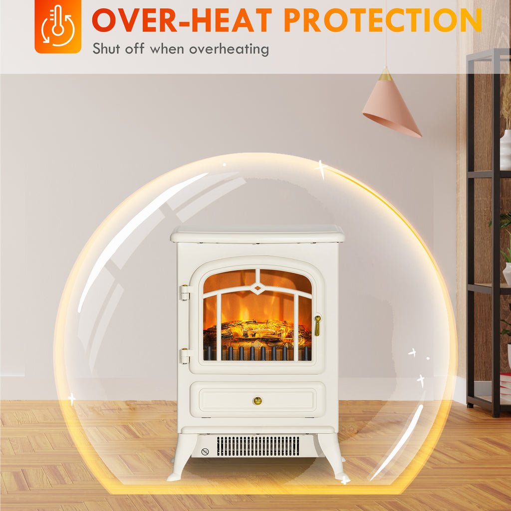16" Freestanding Electric Fireplace Heater Fire Stove with Wood Burning Flame 750/1500W Beige