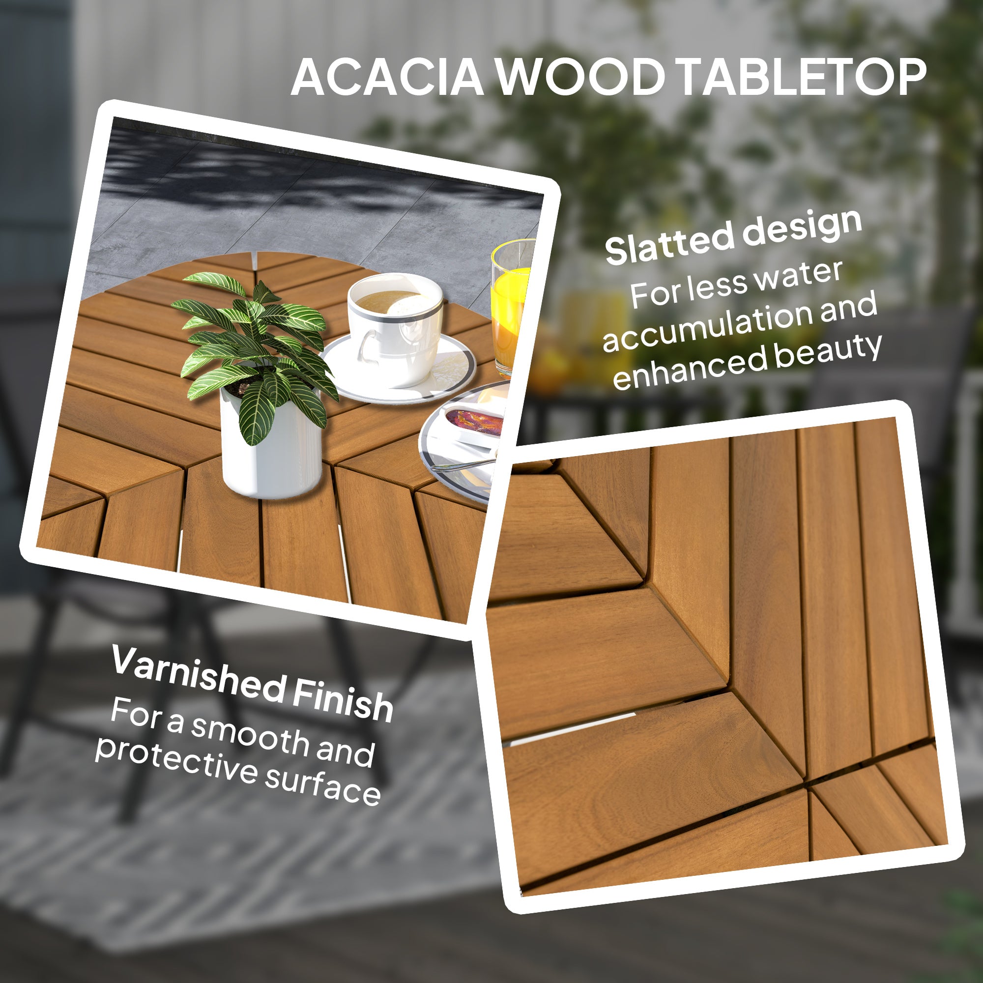 35.4" Outdoor Dining Table with Slatted Acacia Wood Leaf Tabletop, Patio Table with Steel Legs for Garden, Yard, Teak