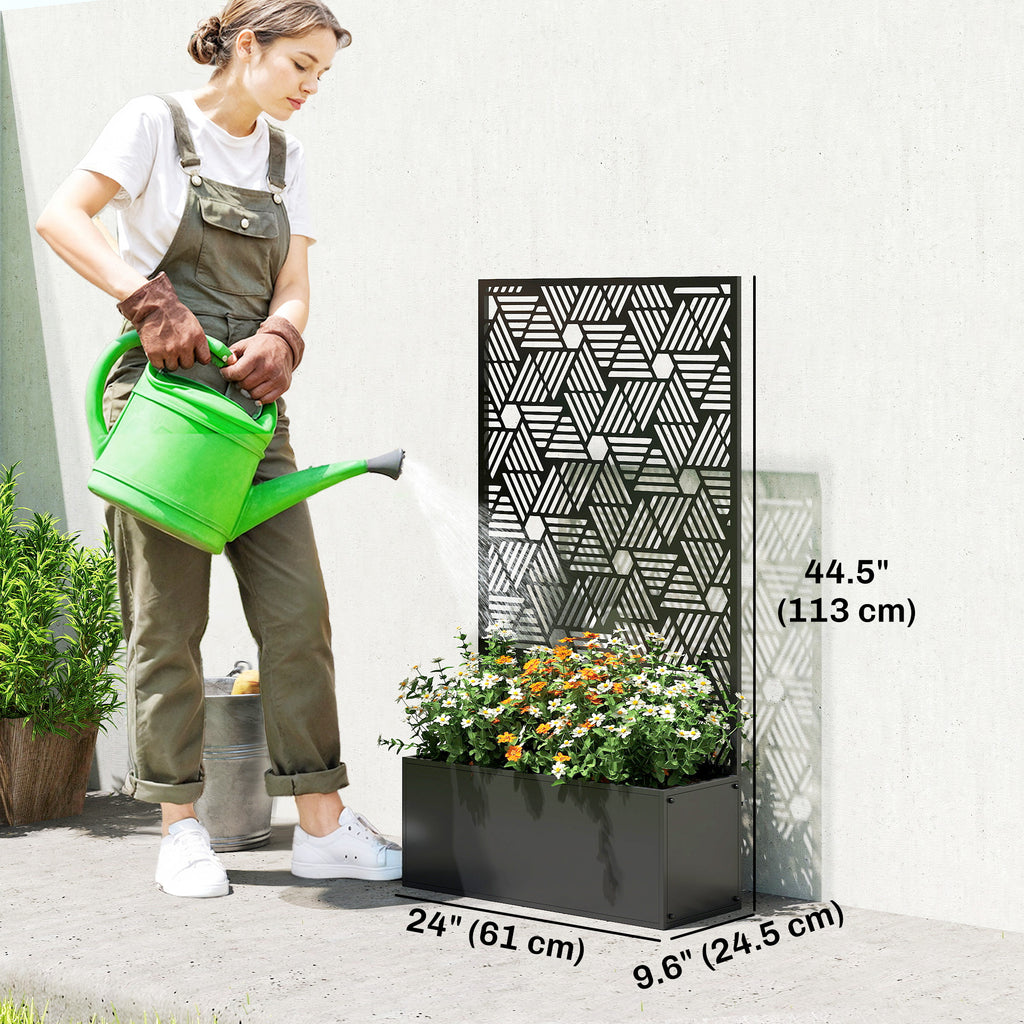 Metal Planter Box with Trellis, 44.5" Tall Raised Garden Bed with Privacy Screen, Hexagon and Line Cut-Out