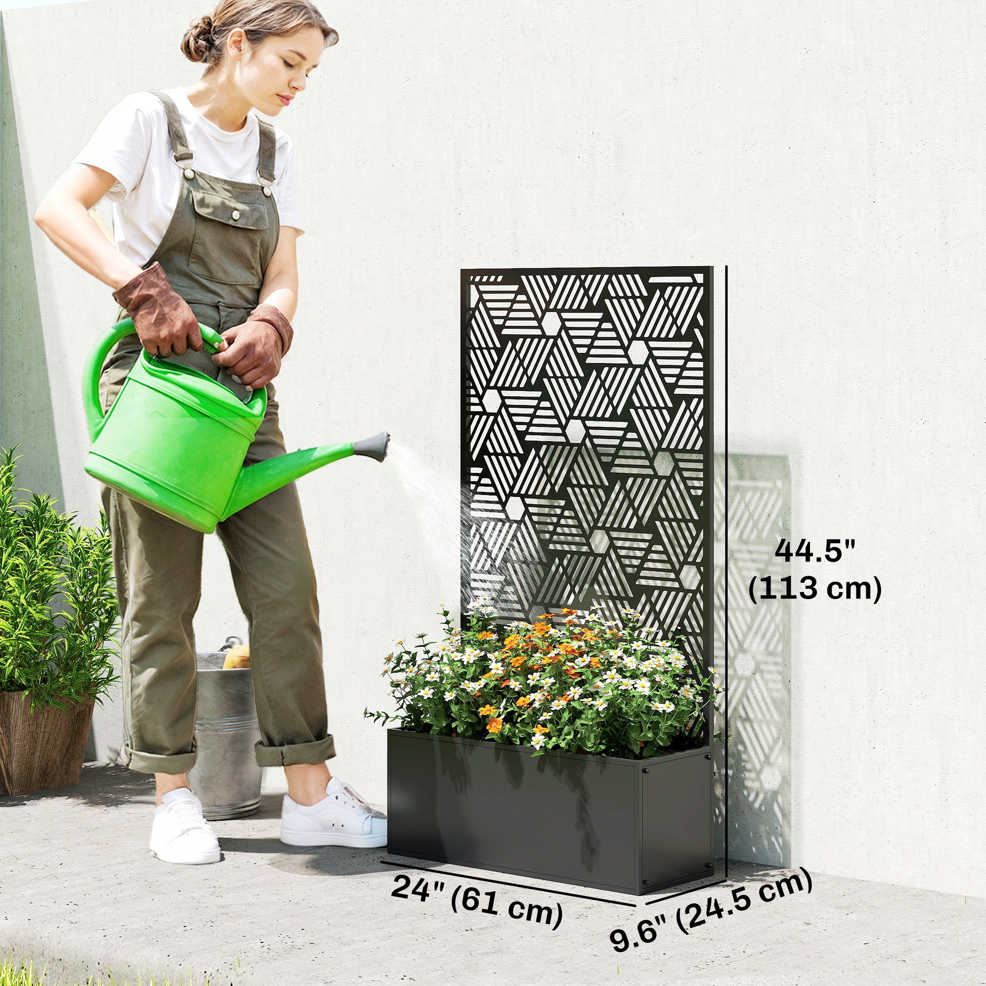 Metal Planter Box with Trellis, 44.5" Tall Raised Garden Bed with Privacy Screen, Hexagon and Line Cut-Out