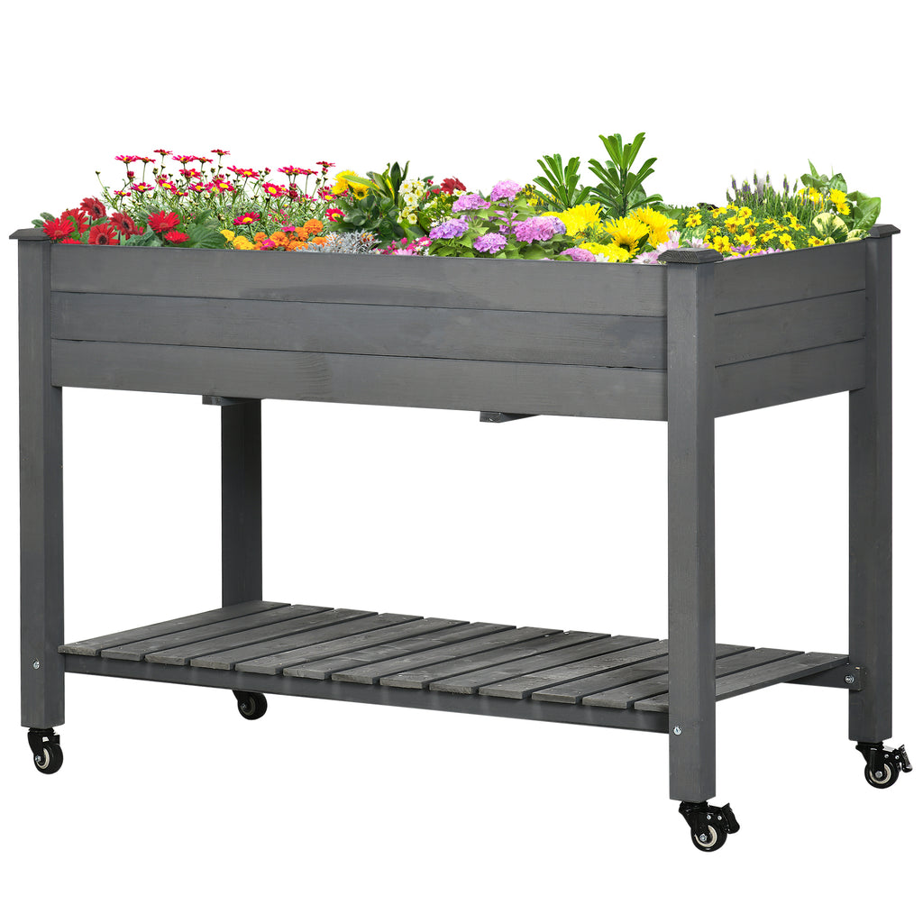 Mobile Raised Garden Bed Elevated Wood Planter Box with Lockable Wheels, Storage Shelf for Herbs Vegetables, Dark Grey