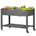 Mobile Raised Garden Bed Elevated Wood Planter Box with Lockable Wheels, Storage Shelf for Herbs Vegetables, Dark Grey