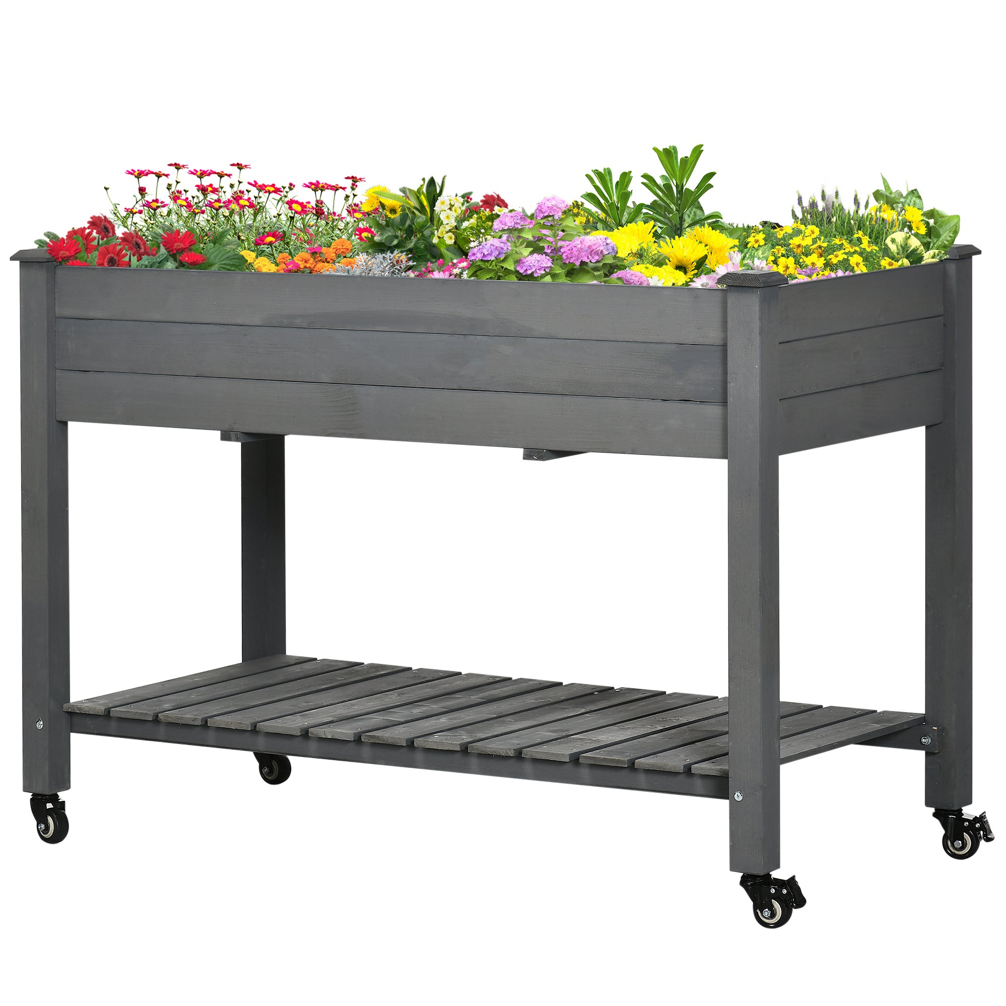 Mobile Raised Garden Bed Elevated Wood Planter Box with Lockable Wheels, Storage Shelf for Herbs Vegetables, Dark Grey