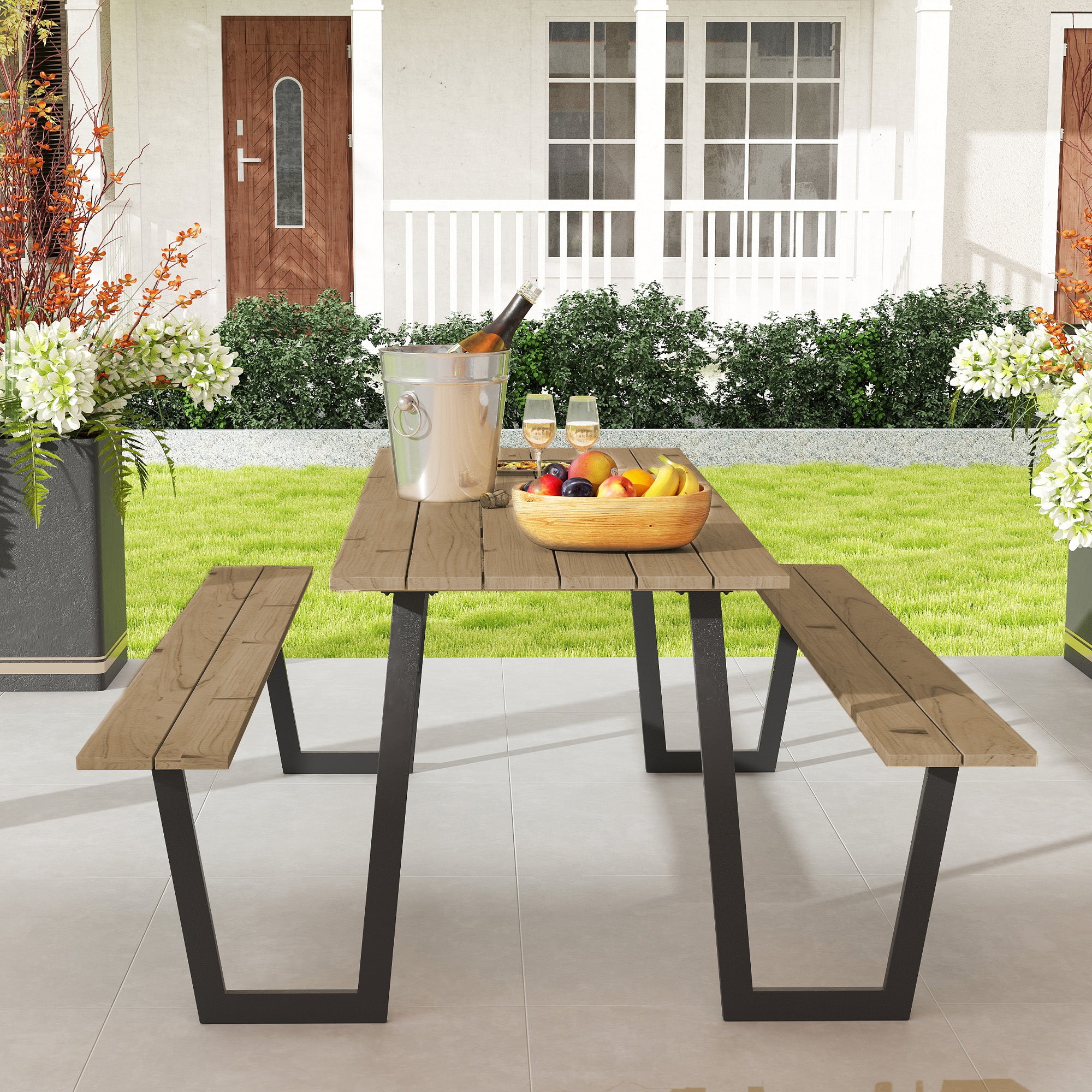 5.7 FT Outdoor Picnic Table with 2" Umbrella Hole, Spruce Wood Dining Table and 795 LBS Benches with Steel Frame, Brown