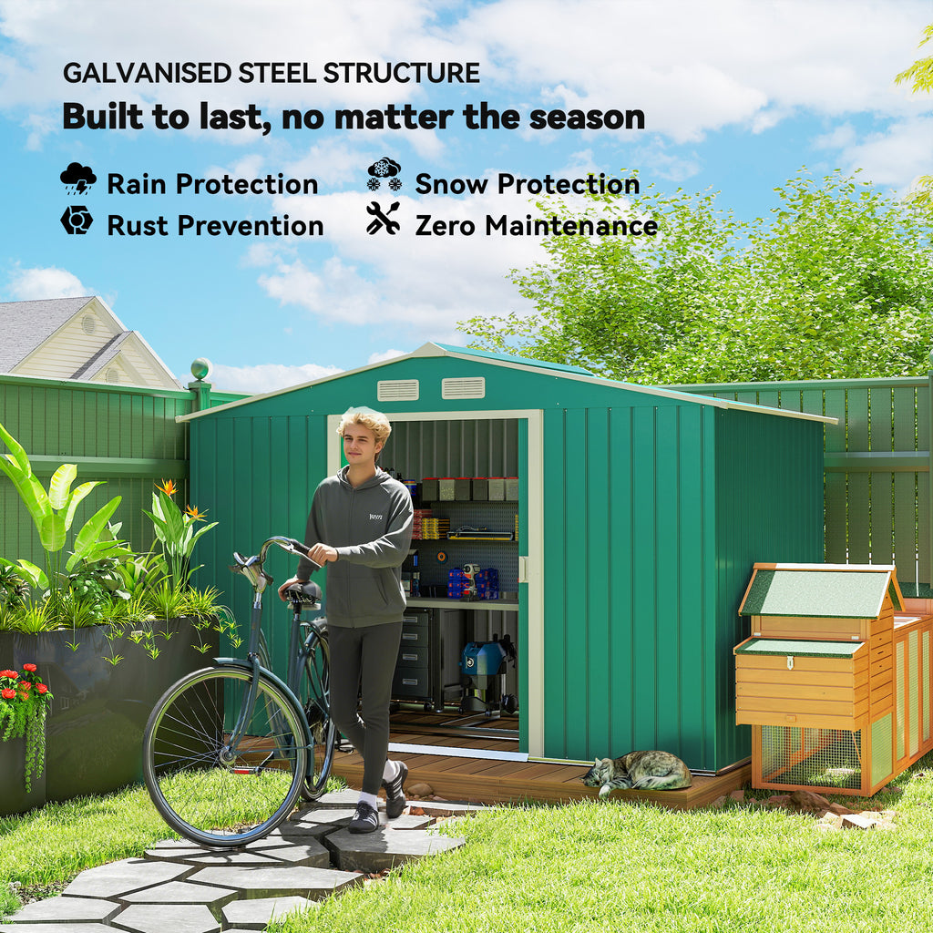 9.1' x 6.4' x 6.3' Garden Storage Shed w/ Foundation Kit Metal Tool Storage House w/ Double Doors Green