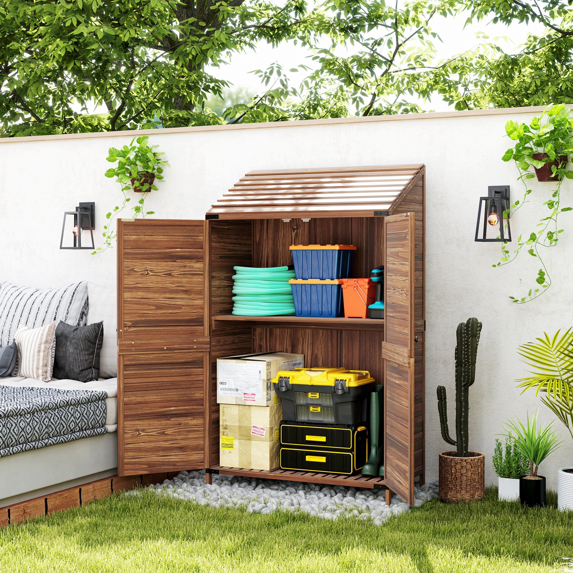 Outdoor Storage Cabinet, Wooden Garden Storage Shed with Double Doors and Shelves for Garden Porch Deck, Mixed-Brown