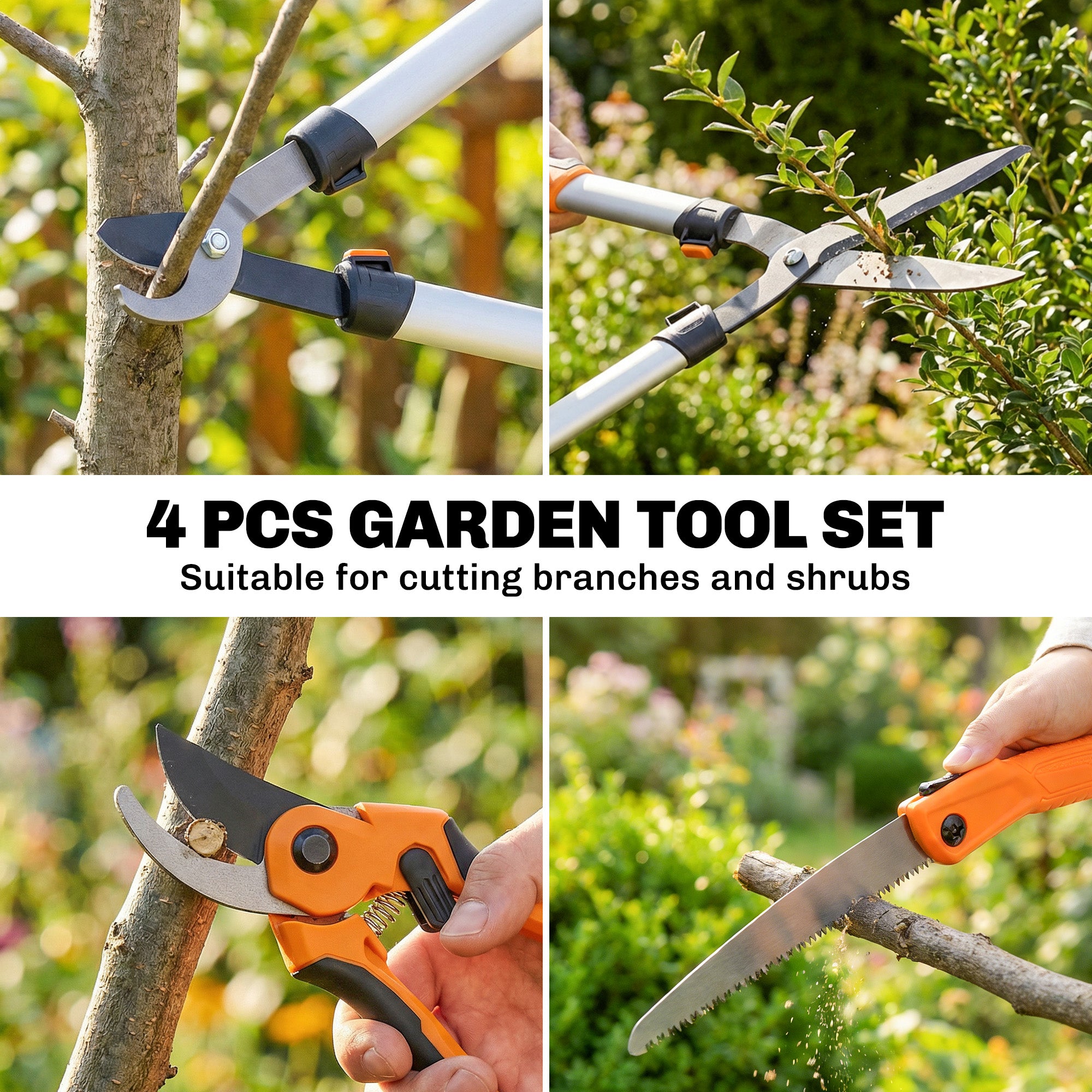 4 Pcs Pruning Shears Set with Hedge Shears, Loppers, Garden Secateurs and Folding Hand Saw with Aluminum Handle