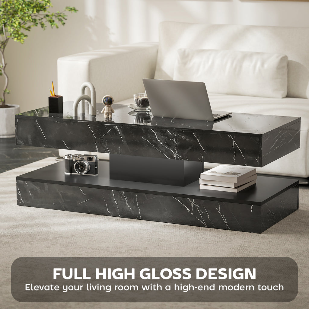 Coffee Table with Adjustable LED Lights, Center Table with 2 Drawers, Open Shelf, Remote, High Gloss Marble-Effect Black