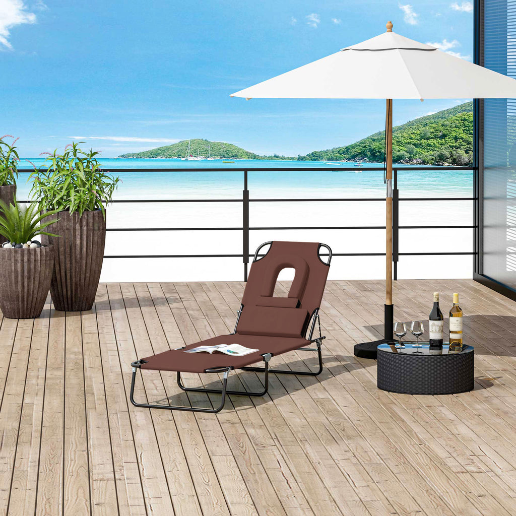 Folding Chaise Lounge Chair, Reclining Beach Tanning Chair with Face Hole, Pillow, 4-Position Adjustable Lay Flat Sun Lounger, Steel Frame for Outdoor Patio Pool, Brown