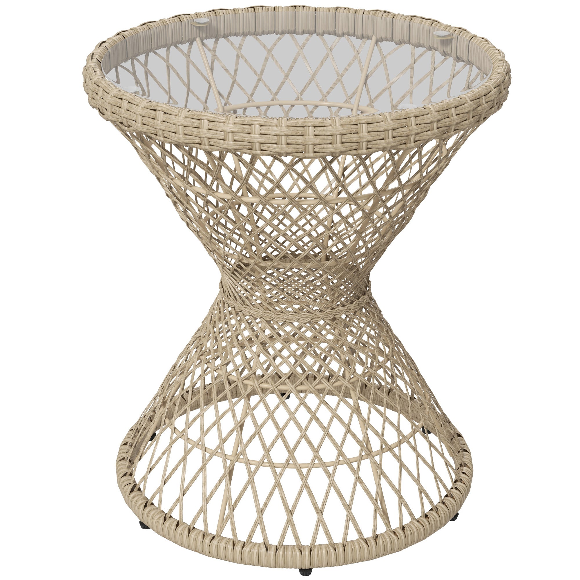 Wicker Outdoor Coffee Table, 18" Round Drum-Style Outdoor Patio Table with Tempered Glass Top, Light Brown