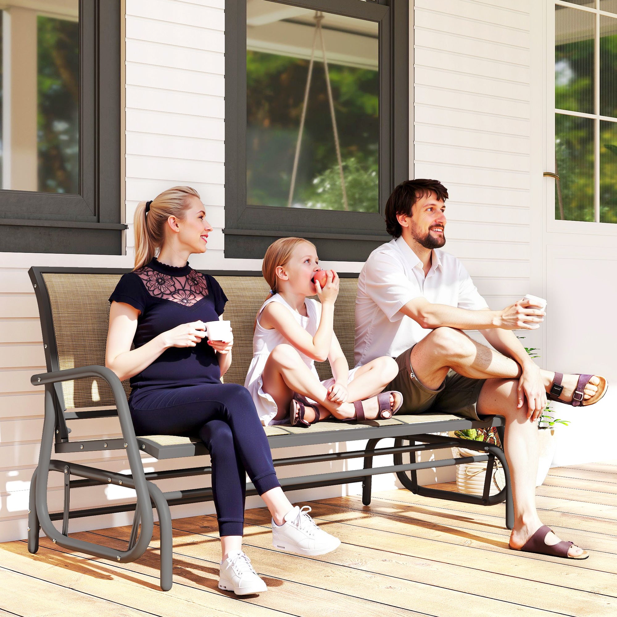 3-Seat Outdoor Glider Chair, Patio Rocking Chair, Steel Frame, Sling Fabric Seat for Garden, Backyard, Lawn, Brown