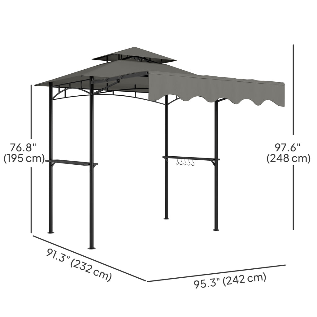 8' x 7.6' Grill Gazebo, Double Tiered Barbecue Grill Gazebo Shelter w/ Side Awning, 2 Side Shelves, 6 Hooks, Light Grey