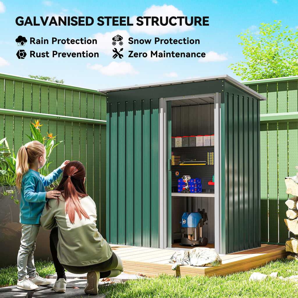5 x 3 FT Outdoor Storage Shed with Sliding Door and Sloped Roof, Steel Frame Garden Shed Tool Equipment, Green
