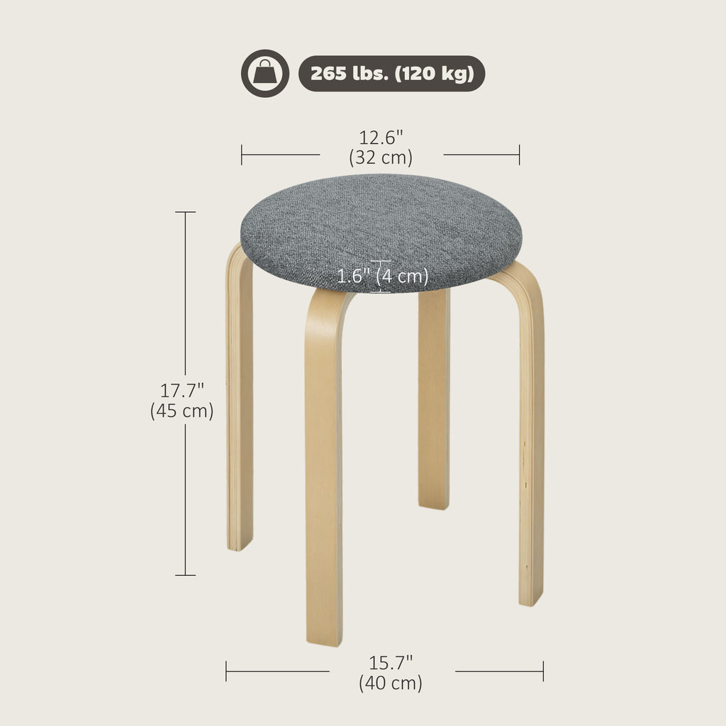 Stackable Wood Stools Set of 4, Stacking Kitchen Stools with Padded Seat for Dining Room, Living Room, Grey