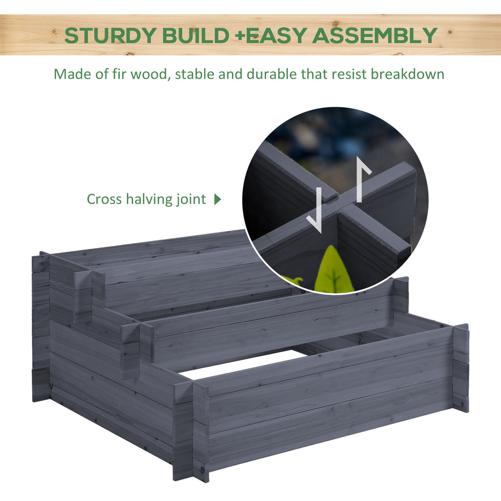 3-Tier Wood Raised Garden Bed, Elevated Planting Box, Outdoor Vegetable Flower Container, Herb Garden Indoor Kit, Gray