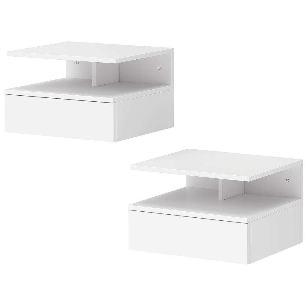 Floating Nightstand Set of 2, Wall Mounted Bedside Table with Drawer and Shelf, Small Night Stand for Bedroom, White