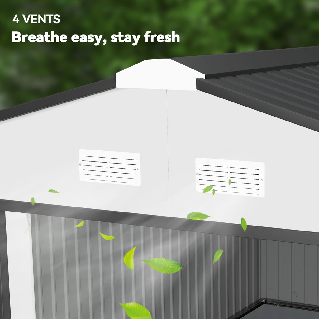 11' x 13' Garden Storage Shed w/ Foundation Kit Metal Tool Storage House w/ Double Doors White
