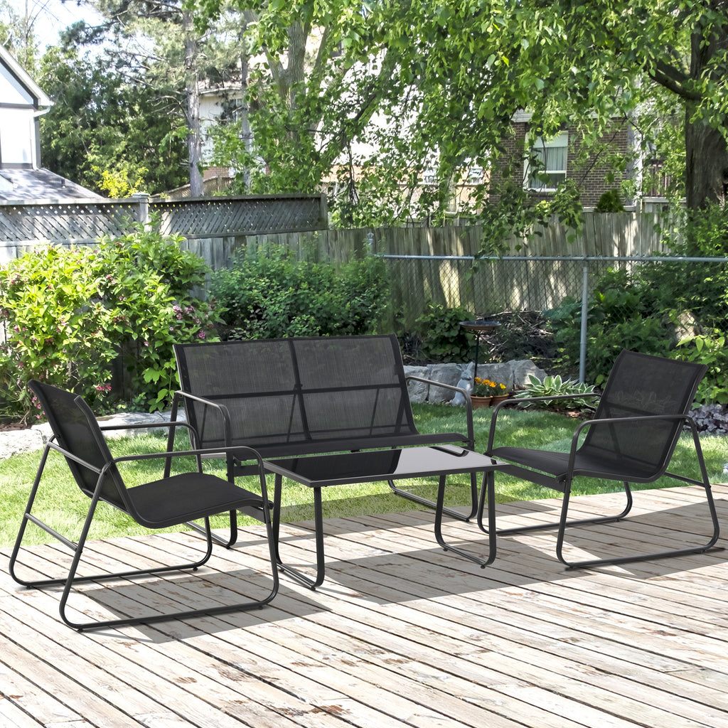 4 Piece Patio Furniture Set, Outdoor Conversation Set with Loveseat Sofa, Armchairs, Glass Top Coffee Table, Black