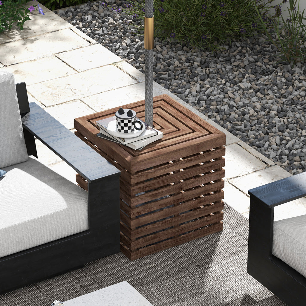 2-in-1 Outdoor Umbrella Base Storage Box Wooden Patio Side Table, Brown