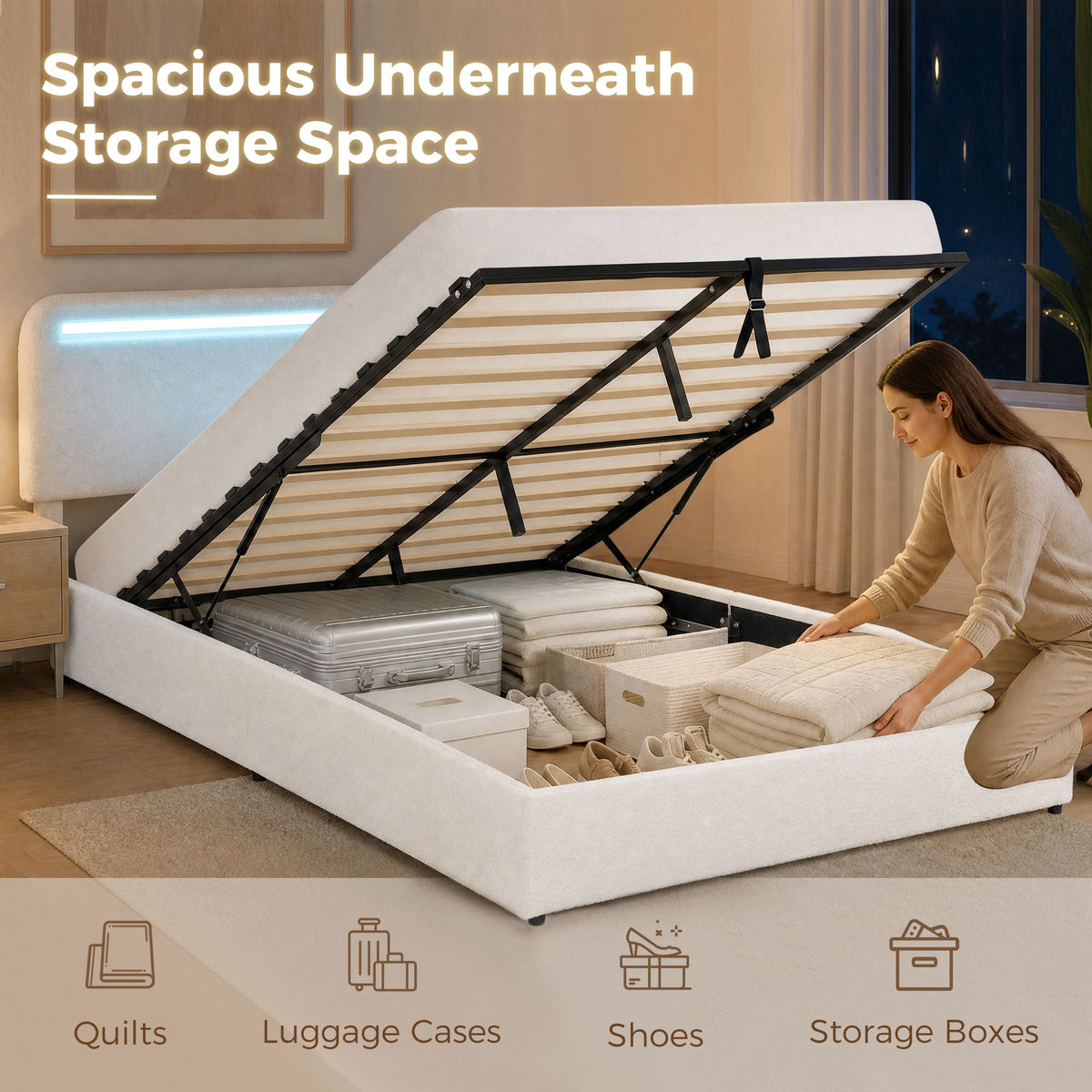 Queen bed frame with USB charging station, LED lighting, and upholstered headboard