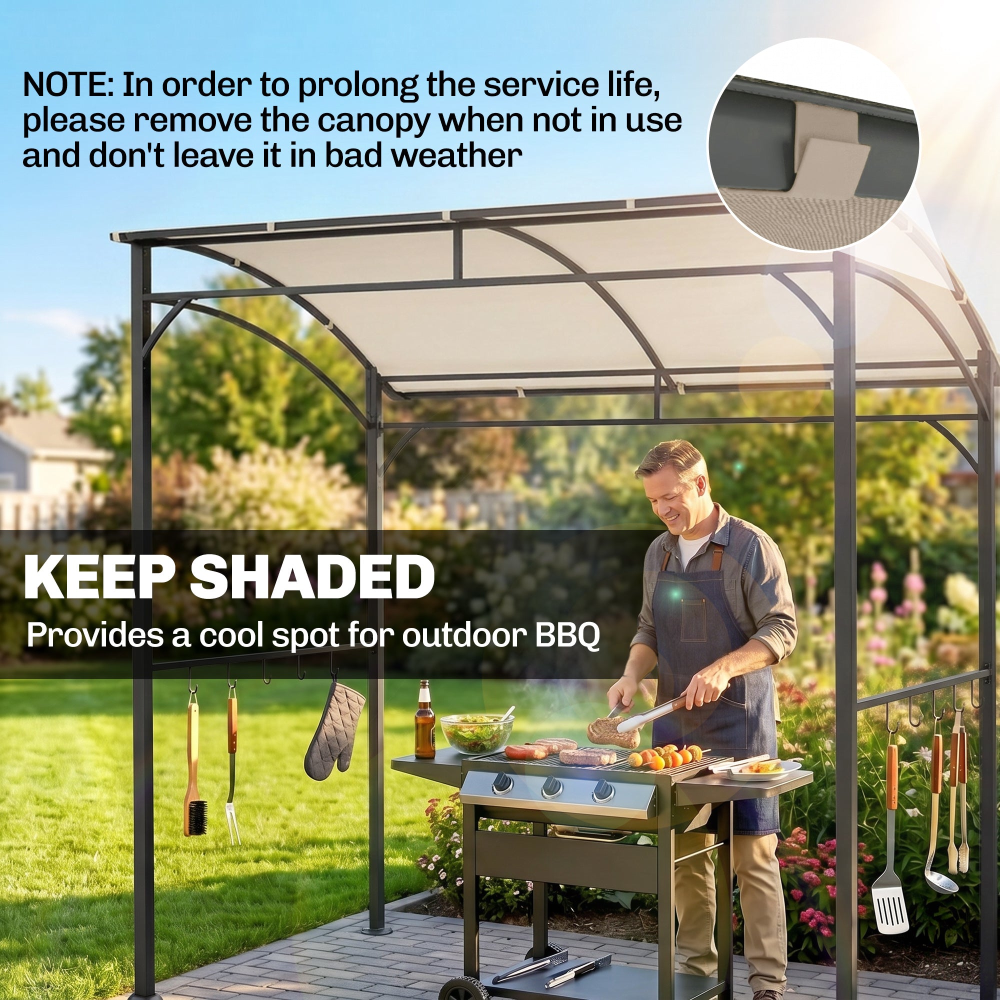 7' x 5' BBQ Grill Gazebo Tent, Garden Grill Canopy with Steel Frame and Hooks, Outdoor Sun Shade, Beige