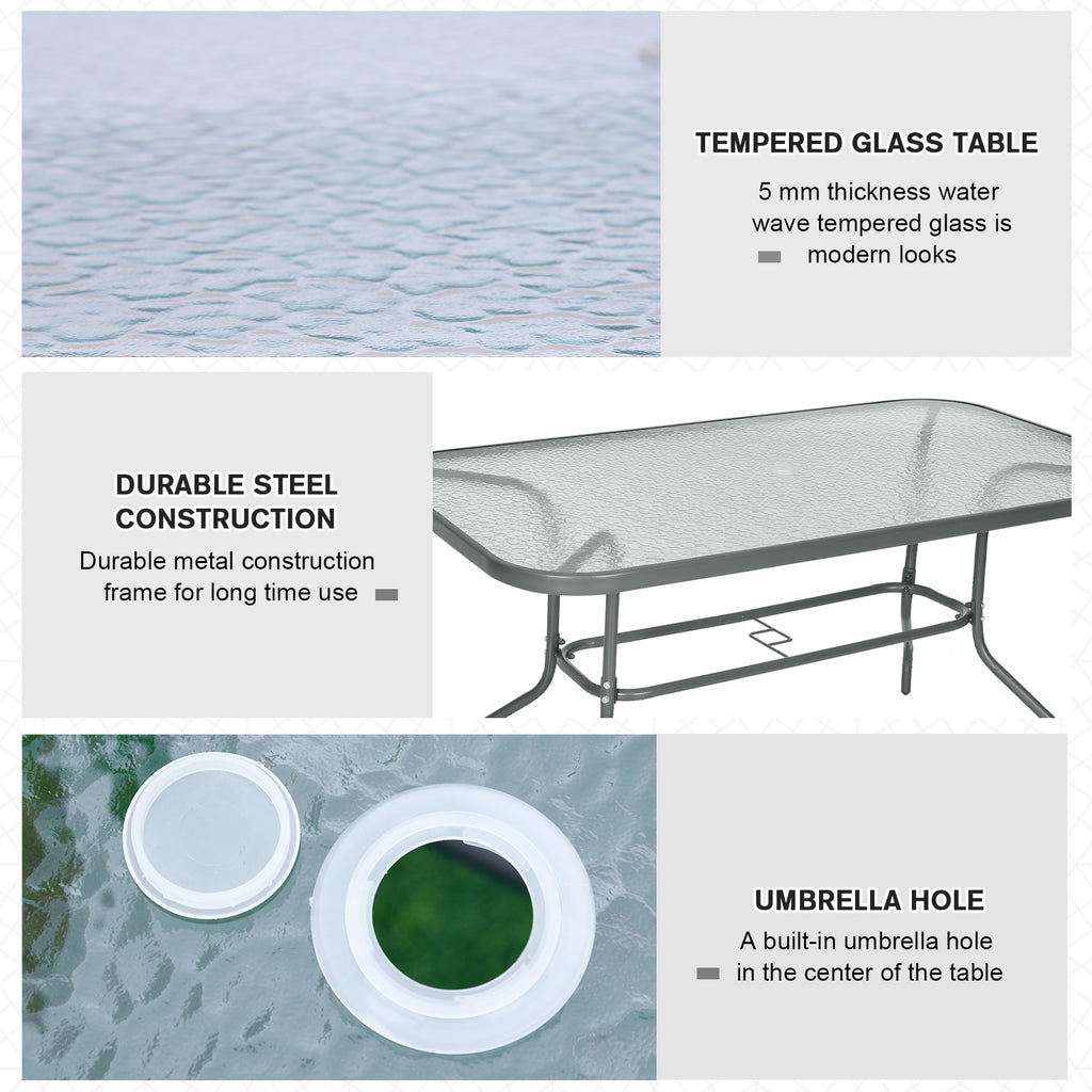 Metal Garden Dining Table with Umbrella Hole, Outdoor Patio Table with Tempered Glass Top, 55" x 31.5"