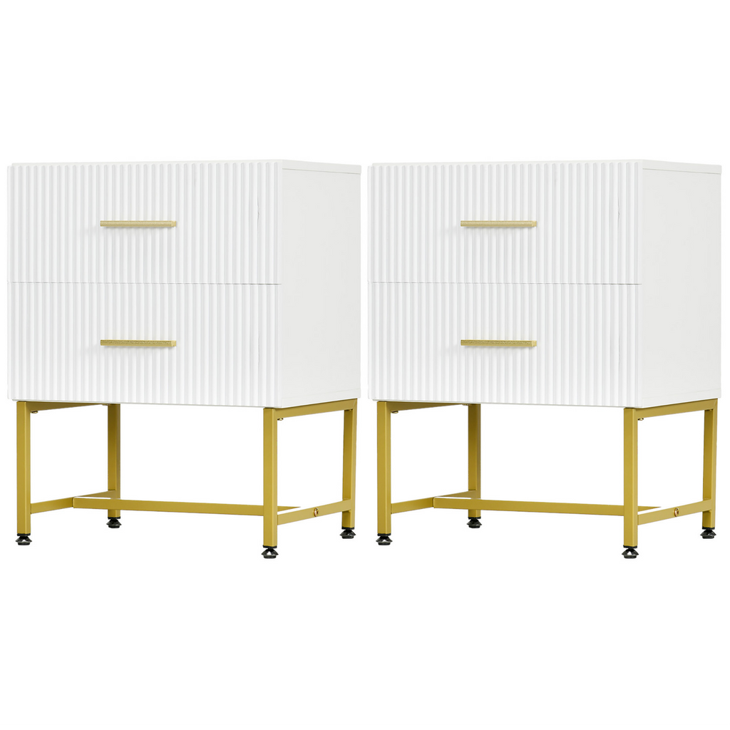 2 Pieces Nightstands with Storage, Modern Bedside Tables with 2 Fluted Drawers and Gold Legs for Bedroom, White