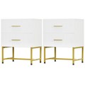 2 Pieces Nightstands with Storage, Modern Bedside Tables with 2 Fluted Drawers and Gold Legs for Bedroom, White