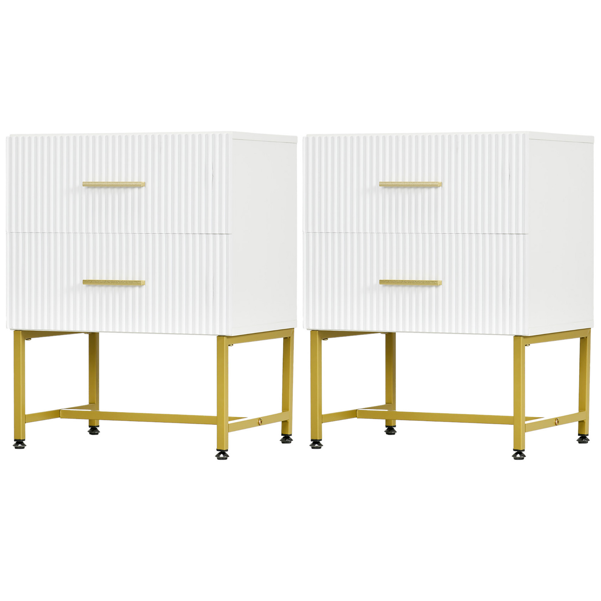 2 Pieces Nightstands with Storage, Modern Bedside Tables with 2 Fluted Drawers and Gold Legs for Bedroom, White