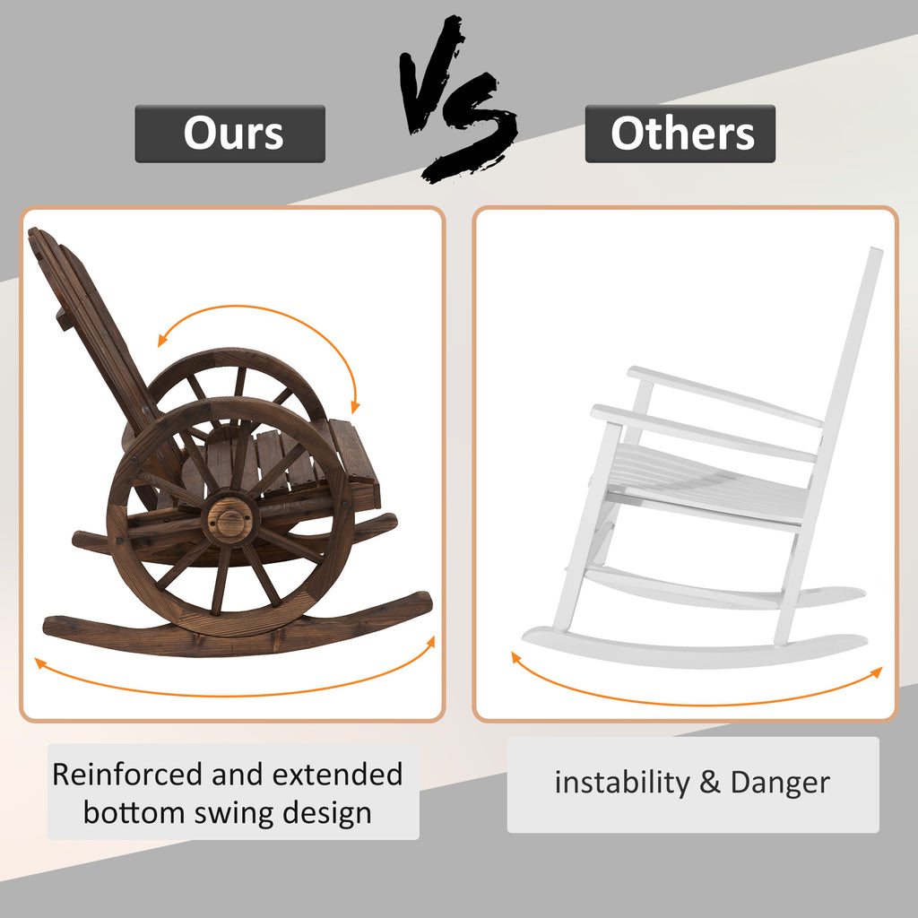 Patio Wooden Rocking Chair, Wagon Outdoor Rocker Chair with Slatted Design and Wheel Armrests for Garden, Carbonized