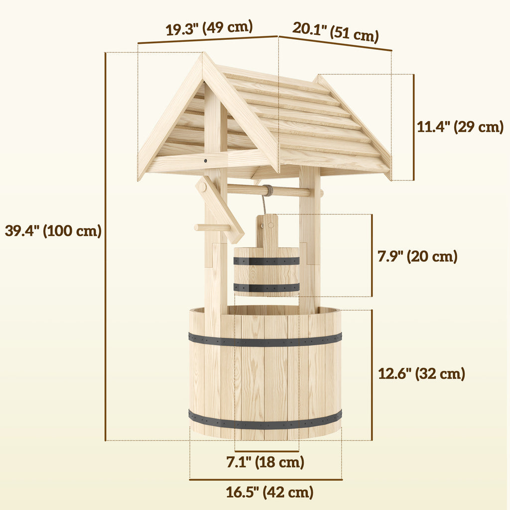 Wood Wishing Well Outdoor Wooden Planter with Hanging Bucket and Drainage Hole for Garden, Patio, Backyard, Natural